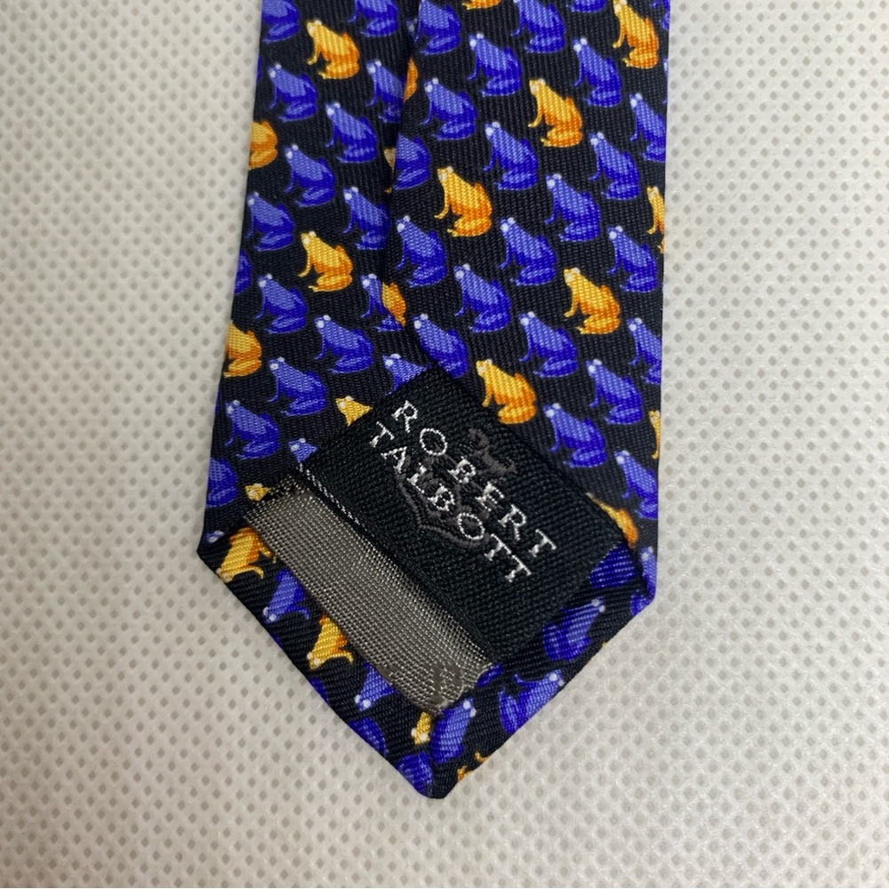 Robert Talbott men’s tie silk frog print blue gold 60 inches hand sewn in USA - Picture 3 of 7